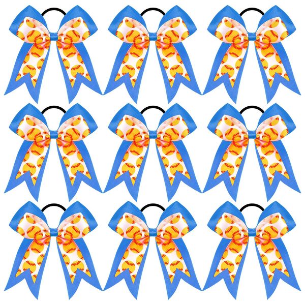 MTLEE 9 Pcs 7.5 Inch Blue Softball Ribbon Hair Bows Cheer Hair Bows Elastic Scrunchies Hair Bands Cheerleader Bows Volleyball Sports Ball Ponytail Holder Sport Hair Accessories for Girl Player