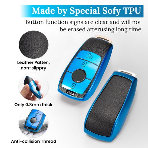 CTRINEWS for Mercedes Key Fob Cover with Metal Braided Rope Keychain, Upgraded Soft TPU Surface Grain Key Case for New Benz Key Fob Shell (Blue)