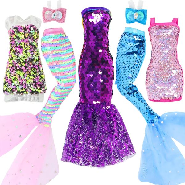 BLIJOLA Doll Clothes 5 Sets Sequins Dresses for 11.5 Inch Girl Doll Including 2 Mermaid Clothes Swimwear 1 Evening Dress 2 Casual Dress Party Outfits Fashion Show(Sequin B)