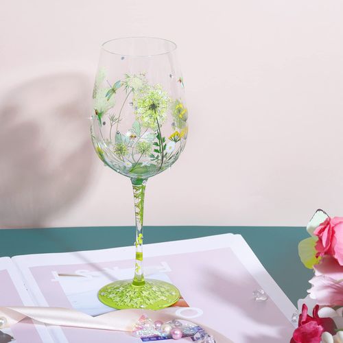 NymphFable Anne’s Lace Flower Wine Glass Bird Gragonfly Artisan Painted Glass 15oz Personalised Gift for Best Friend