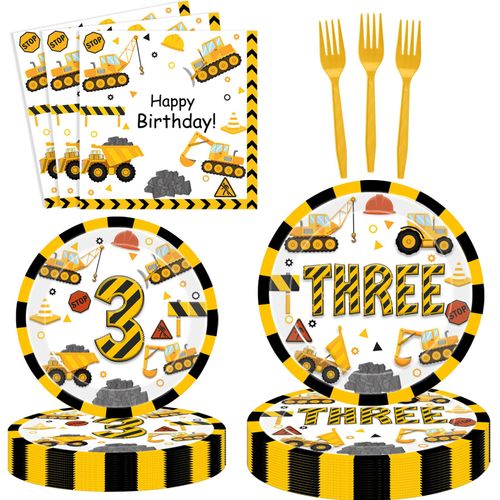80 Pcs Construction 3rd Birthday Decorations Construction Three Years Old Disposable Paper Dinner Plates Napkins Forks Dinnerware for Dump Truck Theme 3rd Bday Party Supplies Decorations