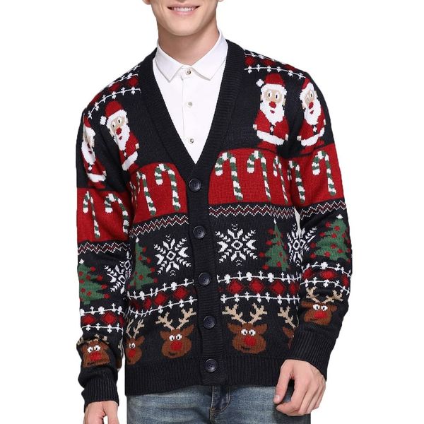 Men's Christmas Rudolph Reindeer Holiday Knitted Sweater Cardigan Ugly Pullover (X Large, Reindeer-Santa&Cane Cardigan)