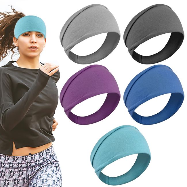 5 Stück Sport Stirnband Damen Elastisch Breite Haarbänder 22.5x10cm Yoga Sport Kopfband Schweißbänder Baumwolle Stirnbänder für Workout Laufen Wandern Make-up