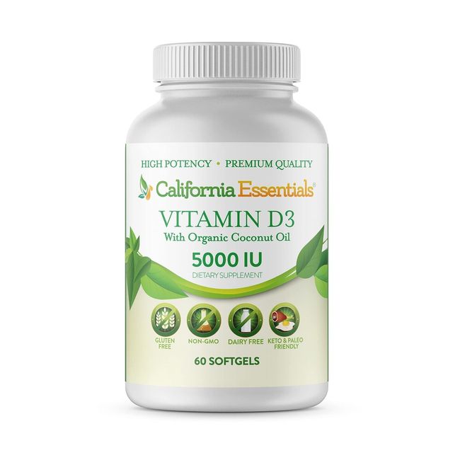 Vitamin D3 5000 IU with Organic Coconut Oil 60 Softgels Gluten Free Non-GMO