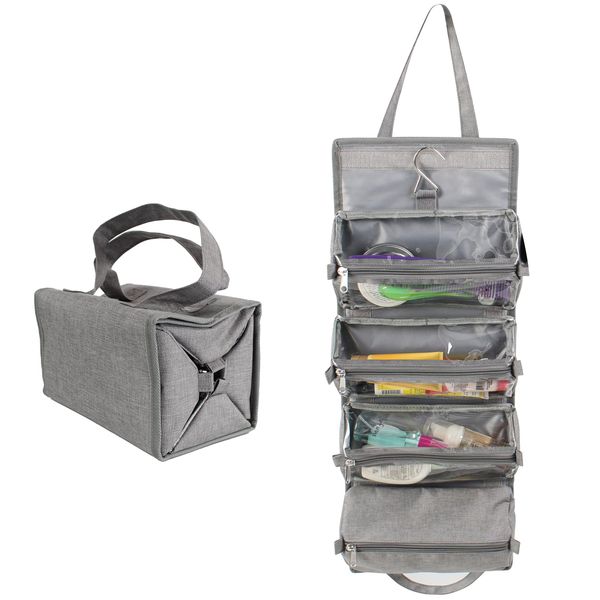 7Penn Large Capacity Roll Up Hanging Travel Toiletry Bag for Women or Men with 4 Clear Removable Compartments