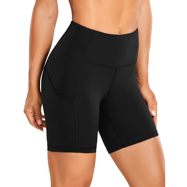 CRZ YOGA Womens Naked Feeling Light Cycling Shorts 6'' - High Waisted Gym Running Workout Spandex Tummy Control Shorts Pockets Black 10