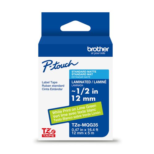 Brother Genuine P-Touch TZe White Print on Lime Green Label Tape (TZeMQG35), Laminated,1/2in x 16.4ft (12mm x 5m), for Select P-Touch Label Makers, Durable, Water-Resistant, Indoor/Outdoor Use