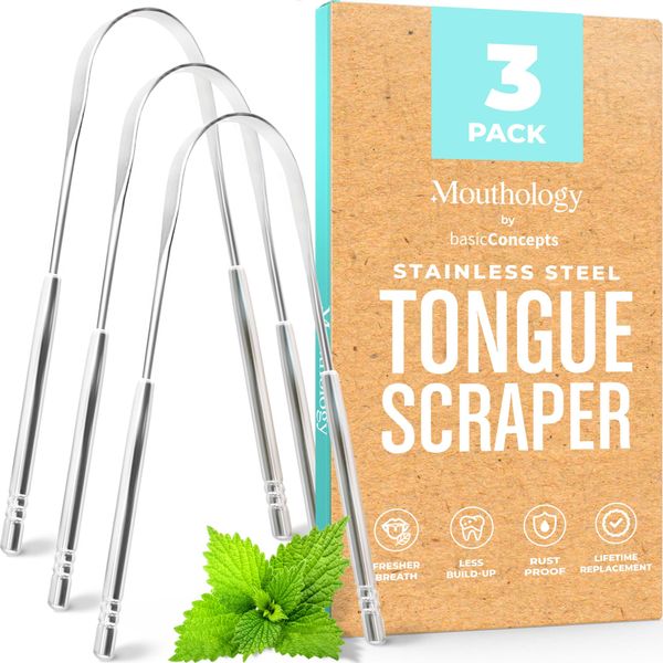 BASIC CONCEPTS Tongue Scraper for Adults, Stainless Steel Metal Tongue Scraper for Tongue Cleaning and Reducing Bad Breath, Tong Style Tongue Scraper for Oral Care with Case, Reusable (3 Pack)