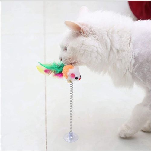 KABB 3 Pcs Cat Toy Spring Toy Elastic Spring Mouse Feather Plush Interactive Intelligence Toys with Sucking, Random Color