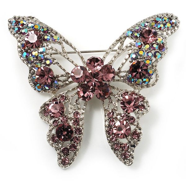 Dazzling Lilac Diamante Butterfly Brooch (Silver Tone)