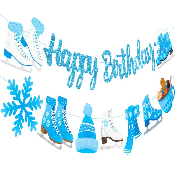 Ice Skating Happy Birthday Banner Ice Skating Birthday Party Supplies Light Blue Glitter Ice Skating Snowflake Birthday Banner for Winter Wonderland Decorations Girls Winter Birthday Party Supplies