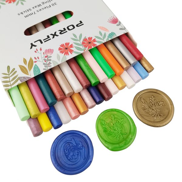 30 Pieces 7mm Sealing Wax Sticks for Glue Gun,PORXFLY Mini Wax Seal Sticks Great for Cards Envelopes,Wedding Invitations,Gift Wrapping,Wine Packages (30 Colors)