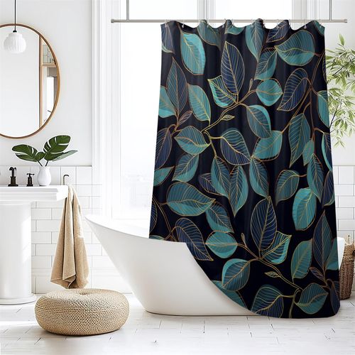 Teal Leaves Shower Curtain, Chic Plant Leaf Printed Black Bathroom Shower Curtains, Pretty Bathtub Decor Waterproof Modern Botanical Natural Shower Curtain Set with 12 Hooks for Bathroom, 72Wx72L inch