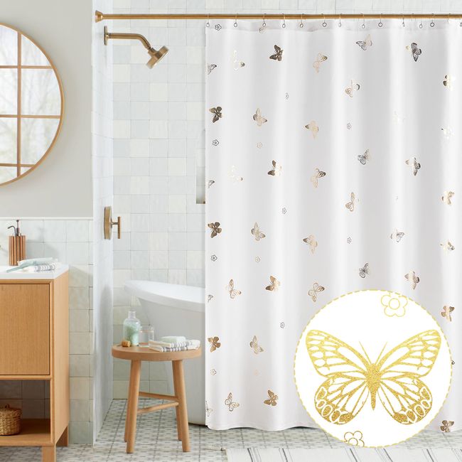 Jubilantex White Gold Butterfly Shower Curtain for Bathroom Farmhouse Waterproof Bathroom Decorative Rustic Kids Shower Curtain with 12 Rust Proof Grommets for Spa Hotel, 70x76 Inches