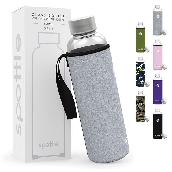 spottle glass water bottle 1 litre with neoprene sleeve - borosilicate drinking bottle 500ml, 750ml, 1l with lid - water bottle glass for kids and adults - dishwasher safe