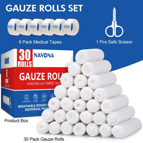Navona 30 Pack Gauze Rolls Bandages, 4 in x 4.1 Yards, Individually Wrapped Breathable Rolled Gauze, Mummy Wraps, Premium First Aid Supplies & Medical Supplies for Wounds