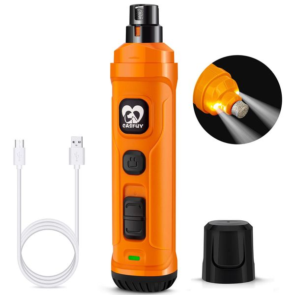 Casfuy Dog Nail Grinder with 2 LED Light - New Version 2-Speed Powerful Electric Pet Nail Trimmer Professional Quiet Painless Paws Grooming & Smoothing for Small Medium Large Dogs and Cats (Orange)