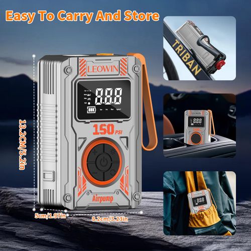 Tire Inflator Portable Air Compressor, Cordless Air pump with Rechargeable Battery, Discharge Function, 12V Car Power Adapter, Digital Pressure Gauge/LED Light For Car Tires, Motorcycles, Bikes, Balls