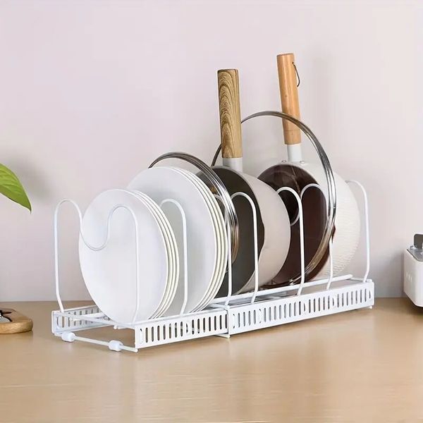 Expandable Pot and Pan Organizer Rack for Cabinet with 10 Adjustable Compartment