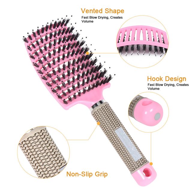 1pc Curved Vented Boar Bristle Styling Hair Brush & 1pc cleaning brush,  Single Brush Anti-static Detangler, Wet or Dry Use, Fast Blow Drying, Use  on Long or Short Hair. Boar Bristle Hair