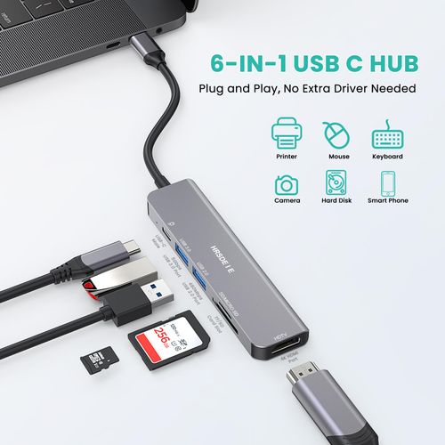 USB C HUB, 6 in 1 USB C Multiport Adapter with 100W PD Charging, 4K HDMI, USB 3.0 Fast Data Port, SD/TF Card Reader, Type C Dock for MacBook Pro/Air, Surface Pro, Chromebook, Dell XPS, Mac Air/Galaxy