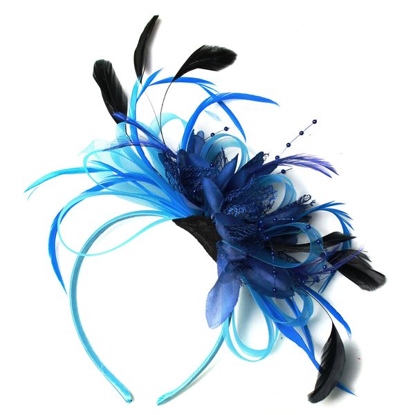 Aqua Cornflower and Royal Blue Net Hoop Feather Hair Fascinator Headband Wedding Royal Ascot Races, Blue, Unisize