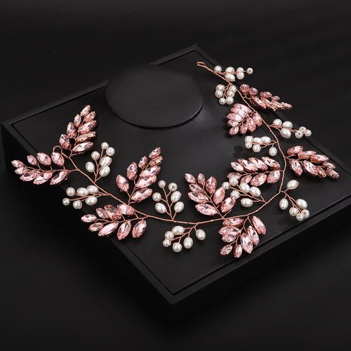 Deniferymakeup Wedding Crystal Pearl Hair Vine Bridal Rhinestone Headband Handmade Wedding Headpiece Crystal Hair Pieces Hair Accessories for Bride Women Girls (Pink)