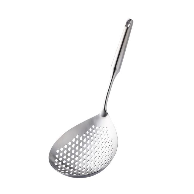 TUPMFG Perforated Ladle, Large Scooping Spoon, Scum Frying, Stainless Steel, 15.7 x 5.7 inches (40 x 14.5 cm), One-Piece Kitchen Tool, Cookware, Oil Drainer, Easy to Grip, Easy to Clean, Dishwasher Safe, 4 Colors Available, Silver