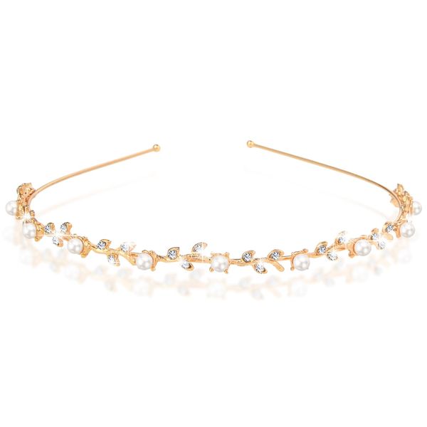 Andibro Braut Haarschmuck,Gold Tiara Damen Hochzeits glänzende Kristall Stirnband Blume Haarreif Diadem für Frauen Mädchen(Leaf)