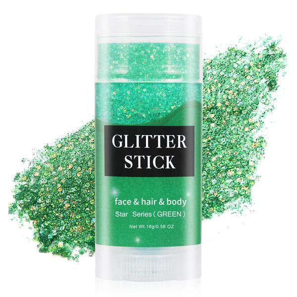 MEICOLY Green Body Glitter Stick,St.Patrick's Day Accessories Emerald Green Face Glitter Makeup,Waterproof Mermaid Face Glitter Gel,Chunky Sparkly Body Glitter For Women,Saint Patricks Day Decorations