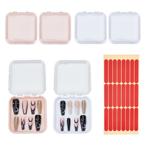 NICENEEDED 4 Pcs Plastic Press on Nail Storage Box, Fake Nails Packing Cases, Transparent Nail Organizer Display Boxes with Adhesive Double Sided Tape for Home DIY Nail Salon