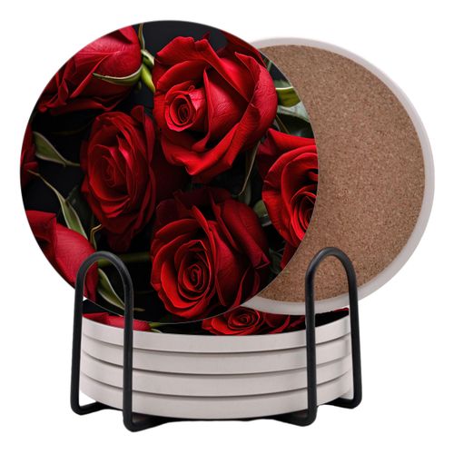 Red Roses Rose Round Coasters Set of 6 - Abosrbent Ceramic Coasters with Metal Stand for Drinks, Coffee, Non-Slip Cork Back for Tabletop Protection, 4 Inches (Red 4)