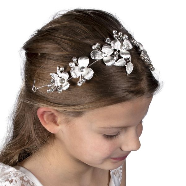 Needzo First Communion Floral Hair Vine, Silver Tone Rhinestone Accessory for Weddings, Flower Girls, and Prom, Bridal Headband, One Size