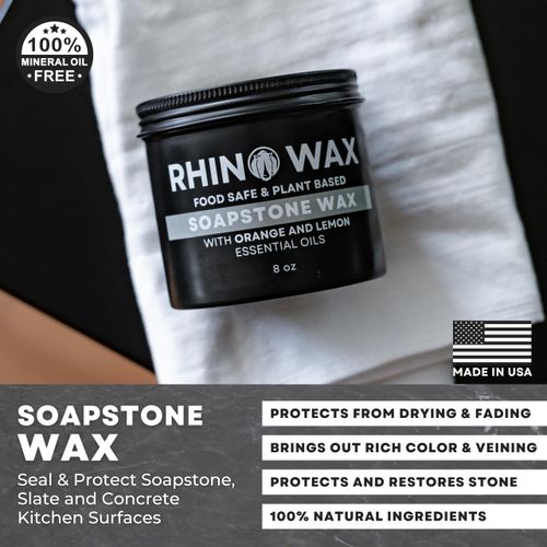 Rhino Wax Soapstone Wax 8oz - Condition, Seal, and Protect Natural Stone, Slate, Concrete Countertops and Surfaces - Natural Coconut Blend of Oils and Waxes (NO Mineral Oil) - Food Safe - Made in USA