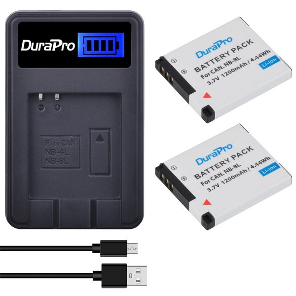 DuraPro 2Pcs NB-8L NB 8L Battery + LCD USB Charger for Canon PowerShot A3200 IS, A3300 IS A2200, A3000 IS, A3100 IS Digital Cameras