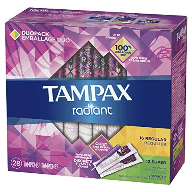 Tampax Radiant Tampons Duo Pack with LeakGuard Braid, Regular/Super  Absorbency, 28 Ct