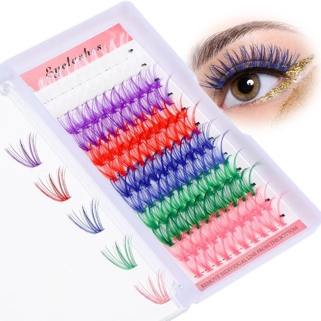 Amabro Colored Eyelash Extensions, 120 PCS 14mm 16mm Mixed Lash Clusters DIY Eyelash Extension D Curl Individual Cluster Lashes DIY Lash Extension Mixed 6 Colors for Women Girls