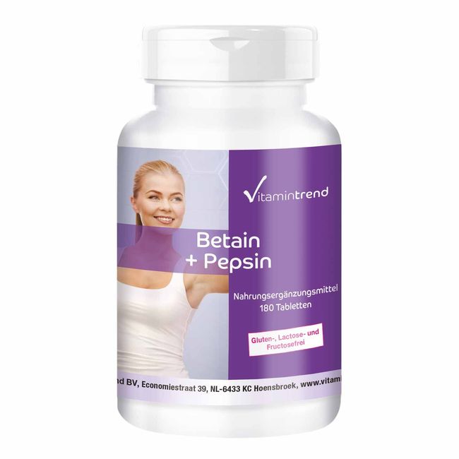 Betain + Pepsin - 180 Tabletten für 60 Tage - Betain-Hydrochlorid + Verdauungsenzym - beliebte Vitalstoffkombination | Vitamintrend®