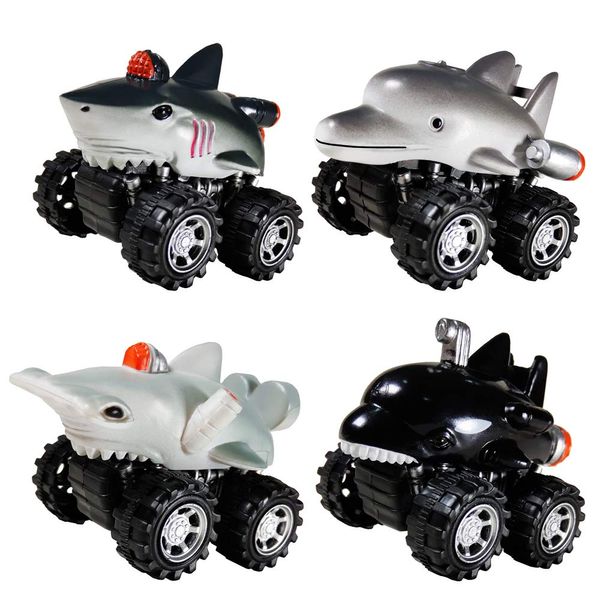 DINOBROS Shark Toys Pull Back Cars for Boys and Toddlers 4 Pack Ocean Sea Animal Truck Toy Dolphin Hammerhead Shark Killer Whale Playset Gift for 3 Years Old and Up