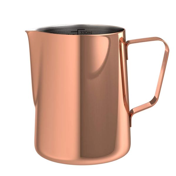 bonVIVO Muvo Stainless Steel Milk Jug with Copper Finish, Milk Frothing Jug 330 ml, Barista Milk Jug with Practical Scale, Milk Frother Jug for The Perfect Cappuccino Or Latte