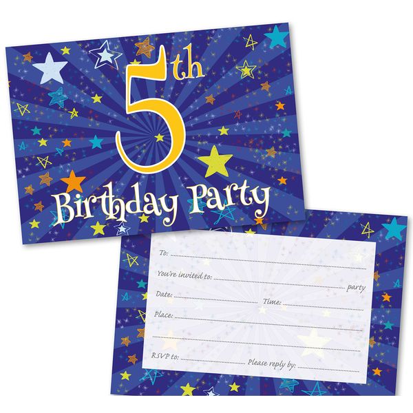 Age 5 Party Invitations Kids. Pack of 36. Blue Starburst themed invitation with matching envelopes. 120 x 172mm. Party Invites, Birthday Party Invitations. Designed and Printed in UK.