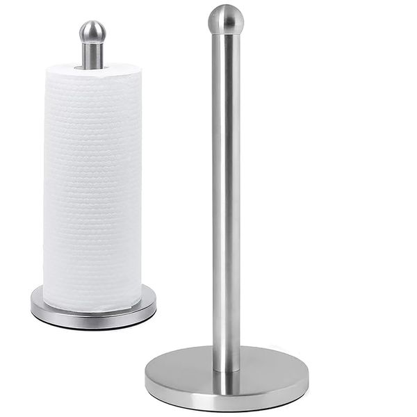 DAWNER Countertop Stainless Steel Paper Towel Holder Modern Stand Up, Easy One-Handed Tear Kitchen Paper Towel Dispenser with Heavy Base for Standard Paper Towel Rolls, Decorative Brushed Nickel