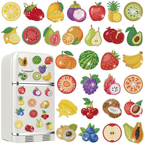 Motipuns 30 Pcs Diamond Art Painting Magnets Fruit Fridge Magnetic Diamond Art Painting Kits Fridge Sticker Magnet DIY Craft for Adult Beginner Toy Xmas Halloween Home Office Decors