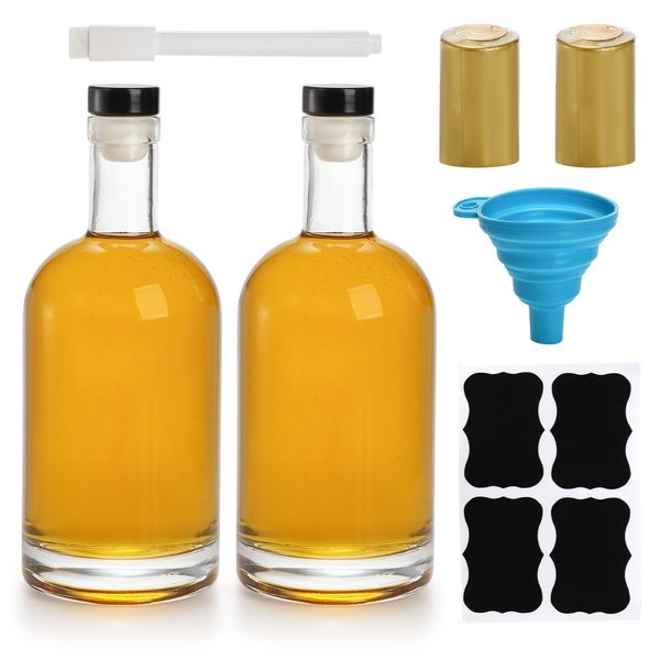 Hacaroa 2 Pack Heavy Base Glass Liquor Bottles, 25 Oz (750ml) Nordic Vodka Bottles with T-Top Cap for Homebrewing, Whiskey, Sauces, Syrups