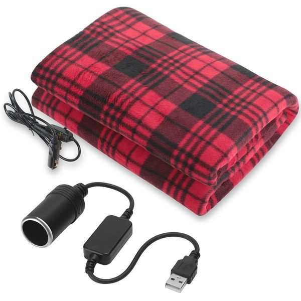 Electric Car Blanket 12V 58 x 43 Inch Travel Heated Fleece Blanket with Temperature Controller, USB Adapter Car Outlet Adapter for Car, Cold Weather Tailgating and Emergency Kit (Red Black Stripe)