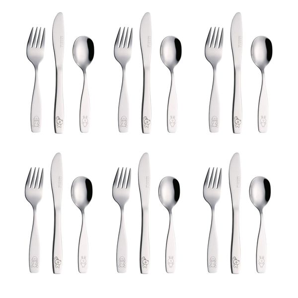 Exzact Childrens Cutlery Set 18pcs Stainless Steel Kids Cutlery/Toddler Utensils/Flatware - 6 x Forks, 6 x Safe Dinner Knives, 6 x Dinner Spoons - Engraved Dog Cat Bunny