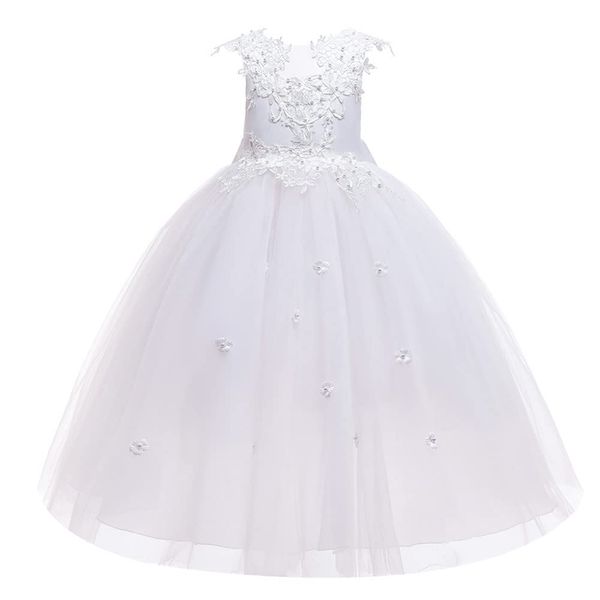 Flower Girl Dresses for Wedding Sleeveless Floral Lace Princess Tulle Tutu Big Little Girls Junior Bridesmaid Dresses First Communion Pageant Birthday Party Maxi Prom Gown White2 6-7 Years