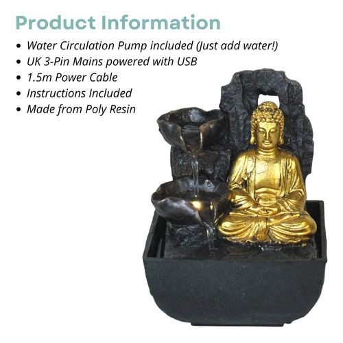 Creative Touch Mini Majestic Golden Buddha Indoor Water Fountain with LED Light | Size 13.3 * 13.3 * 18 Cm | 3 Pin UK Plug Included |