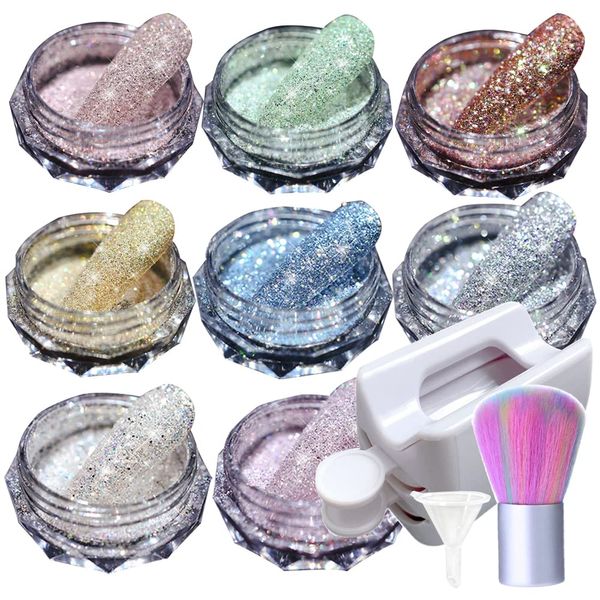 8 Boxes Nail Crystal Diamond Powder Rushed Diamond Glitter Sparkles Powders Pigment Nail Art Glitter Powder,1 Case Dip Powder Recycling Tray System Dip Case Nail Dip Container 1 Pcs Nail Powder Brush