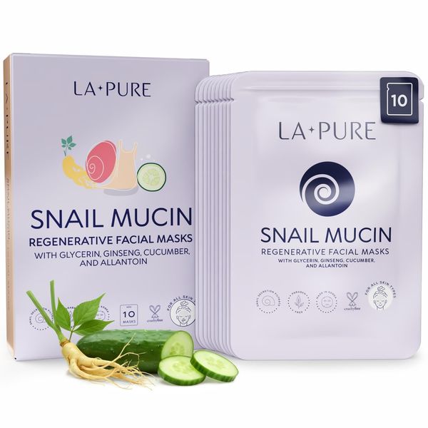 Korean Snail Mucin Mask – Cruelty-Free – 10 Hydrating Sheet Masks | Sheet Mask Pack for Signs of Aging, Aid Skin Repair & Hydration – Pure Snail Mask for Face with Collagen & Hyaluronic Acid